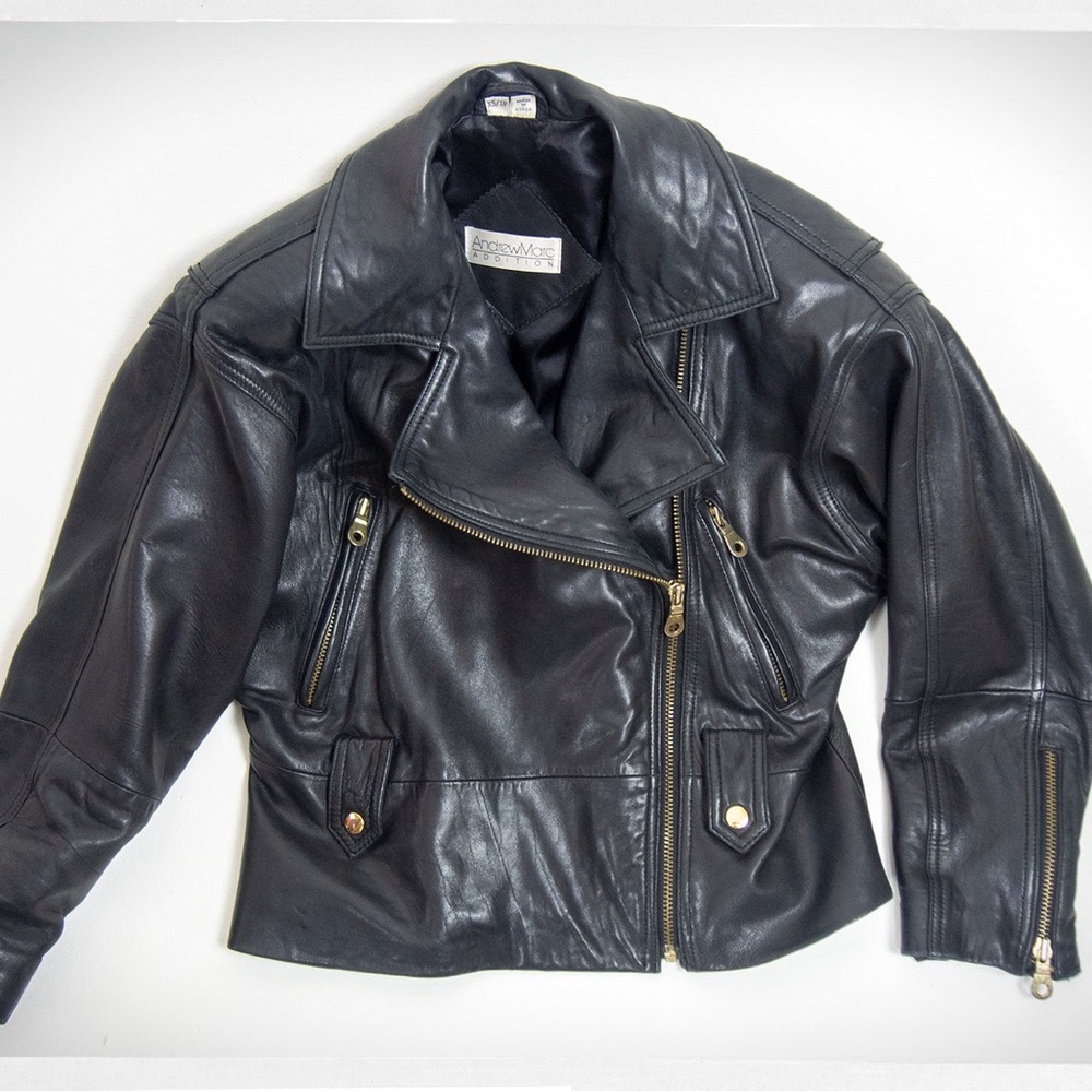 Vintage Andrew Marc Black Leather Bomber Jacket sz S